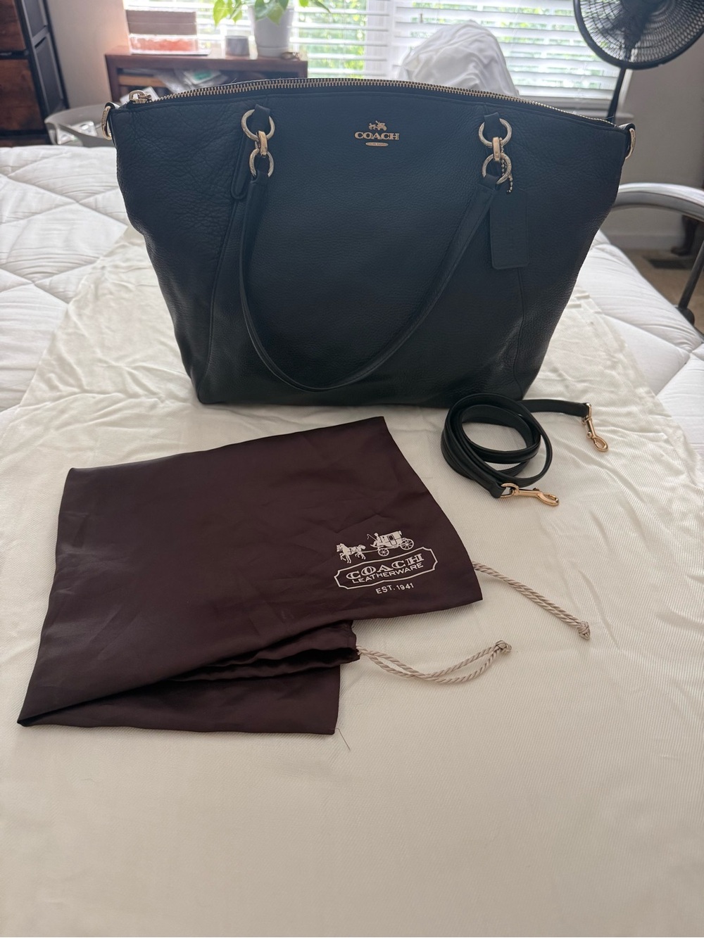 Coach Black Pebbled Leather Large Zip Top Tote Shoulder Crossbody Bag w/Dust Bag